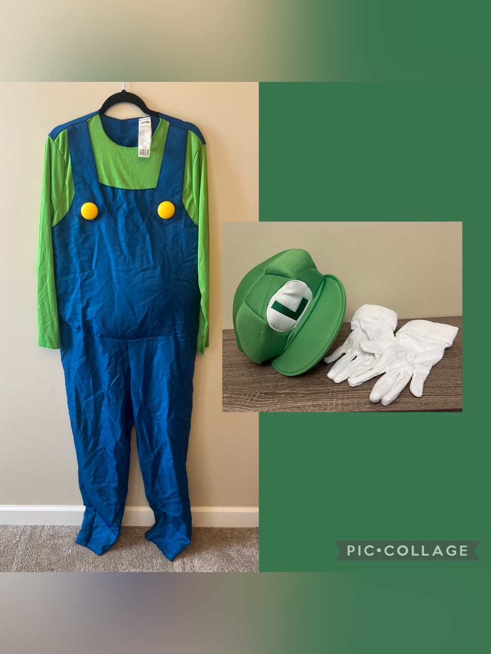 Luigi Costume Mens Size Medium Jumpsuit Hat Gloves Super Mario Halloween Cosplay